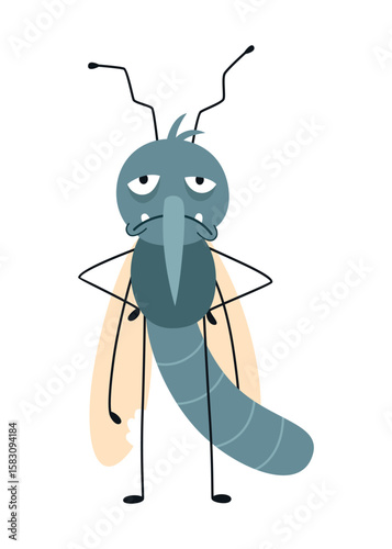 Cartoon mosquito, tired character. Bloodsucker insect, color flat icon. Cute mosquito isolated vector illustration