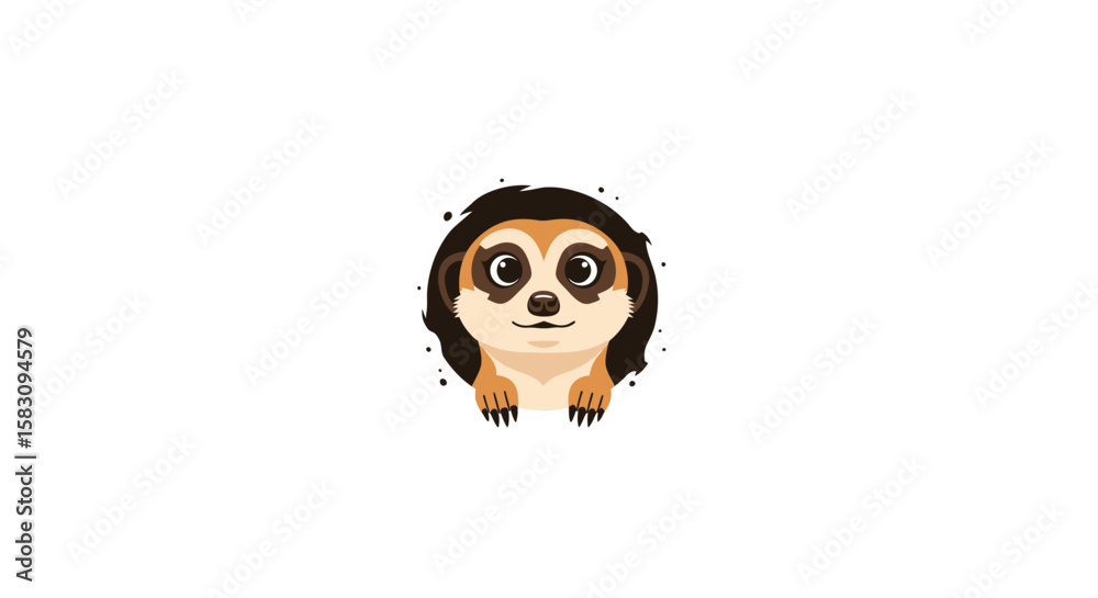 Fototapeta premium Cartoon meerkat emerging from a hole, looking forward with a smiling expression on a white background.