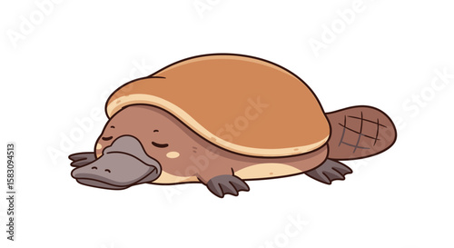 Illustration of a cute cartoon platypus sleeping peacefully on a white background.