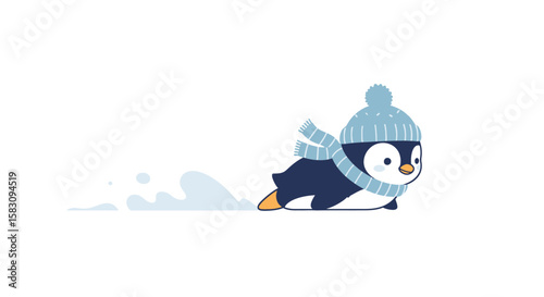 Cute penguin in winter gear sliding on snow.
