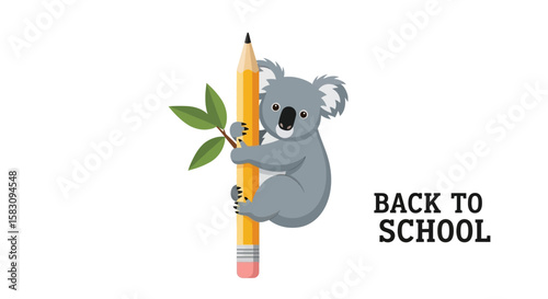 A cartoon koala bear clinging to a large pencil, holding a leafy branch, with "Back to School" text.
