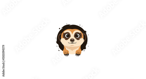 Cartoon meerkat emerging from a hole, looking forward with a smiling expression on a white background.