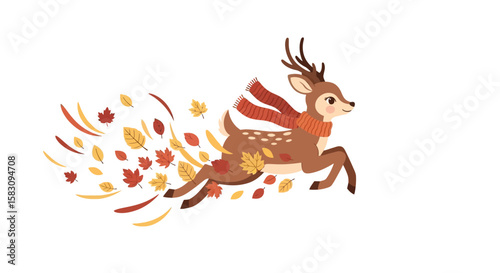 Cartoon deer with antlers and a scarf leaping forward amidst falling autumn leaves on a white background.