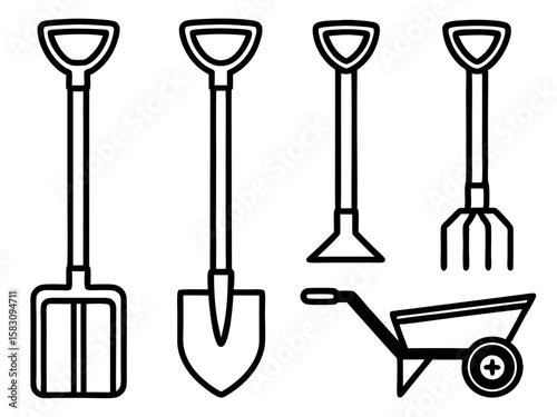 Collection of garden tools including shovels hoe pitchfork and wheelbarrow