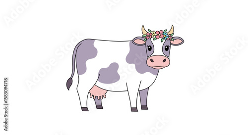 Cute cartoon cow wearing a floral crown, outlined in pastel colors.