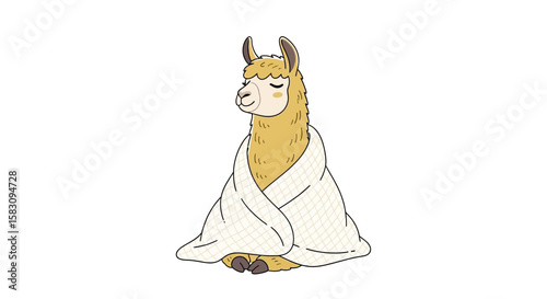 A cartoon illustration of a relaxed llama wrapped in a cozy white blanket, meditating peacefully.