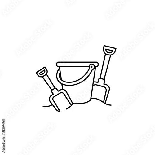Beach bucket and shovels outline icon for branding or advertising