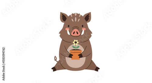 Cute cartoon wild boar holding a flower pot with a sunflower plant.