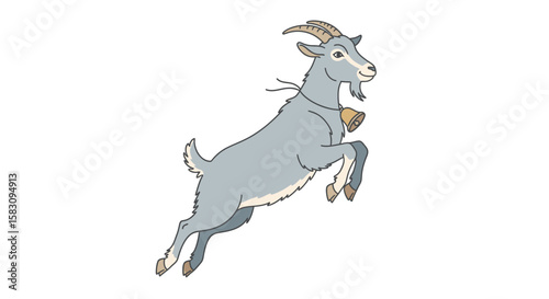 A cartoon goat leaps joyfully, wearing a bell around its neck, against a white background.