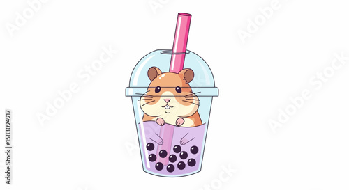 Cartoon hamster inside a bubble tea drink with tapioca pearls and a pink straw, set against a white background.