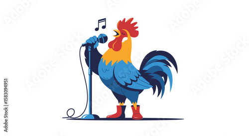 A vibrant rooster sings into a microphone, wearing boots, showcasing musical talent.