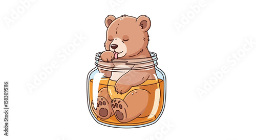 Adorable brown bear cub nestled comfortably inside a honey-filled jar, peacefully sleeping.