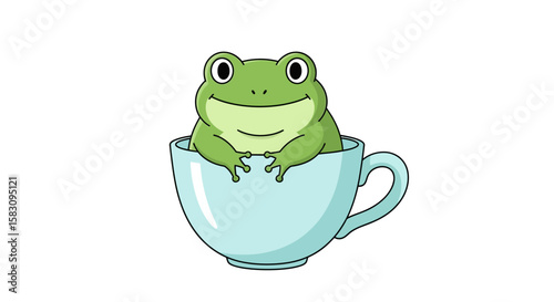 A cheerful green frog sits comfortably inside a light blue teacup, smiling widely.