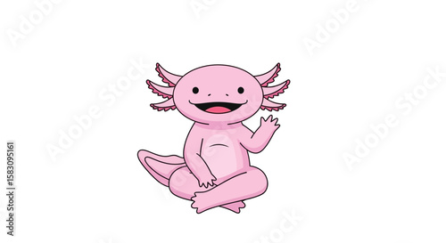 Cheerful pink axolotl cartoon waving hello.