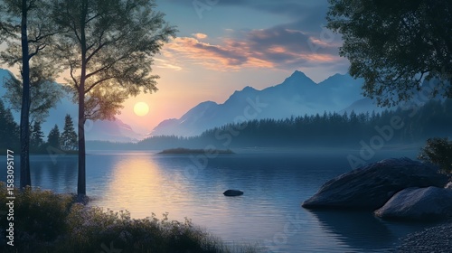 Scenic lake panorama at dusk with tranquil surroundings