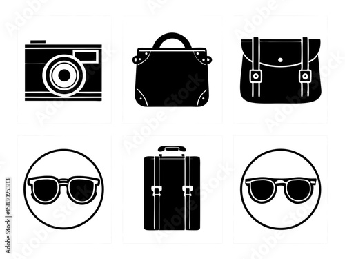Black and white icons of travel essentials including luggage and accessories