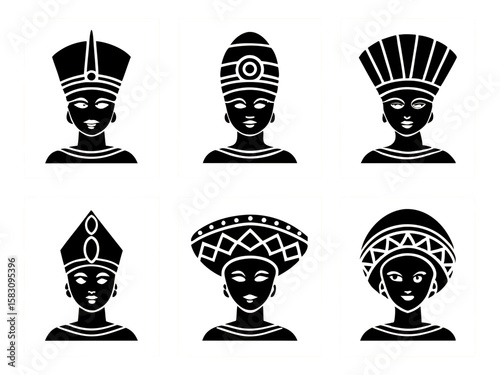 Six stylized black and white portraits of women in african headdresses