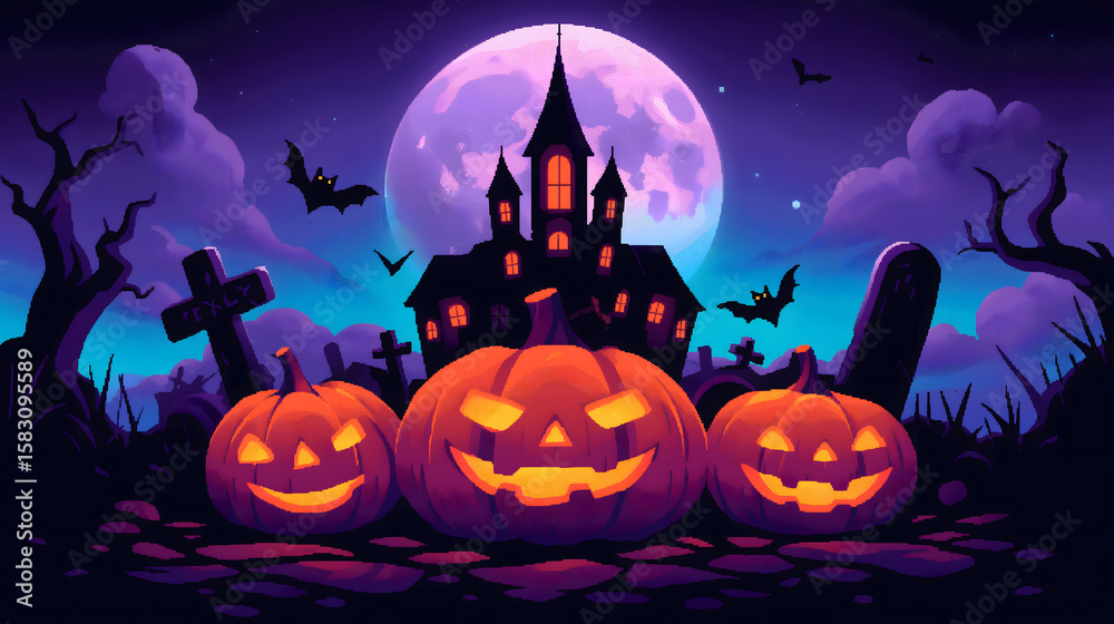 Fototapeta premium Atmospheric Halloween scene with glowing pumpkins and bats