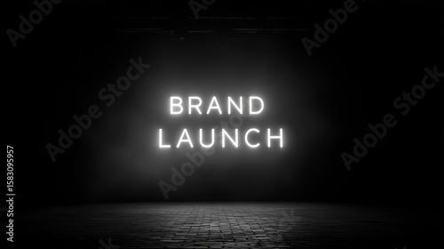 Neon “Brand Launch” sign glowing in dark space