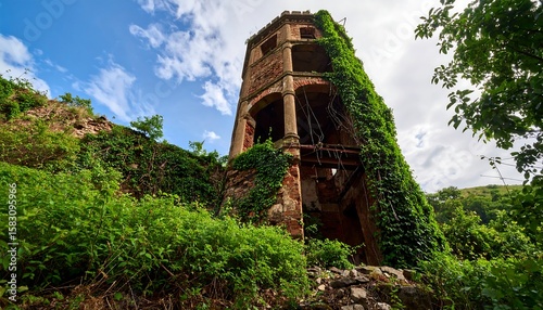 Old Ruined Tower in Nature with Ivy Growing on Walls
