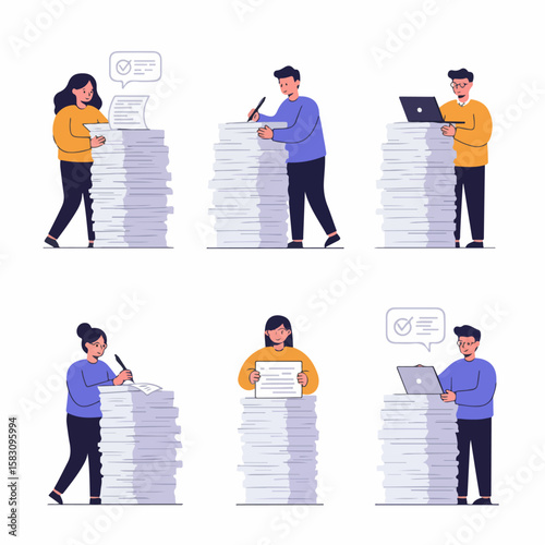 People working with large stacks of paper, illustrating document processing, heavy workload, bureaucracy, and administrative tasks in office or business.