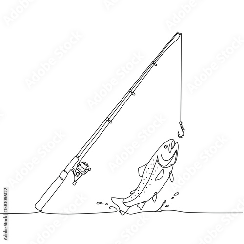 Vector illustration of a fishing rod with a caught fish jumping out of the water