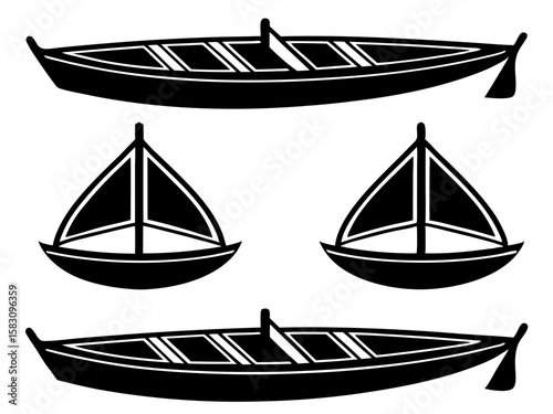 Collection of silhouetted boats including rowboats and sailboats