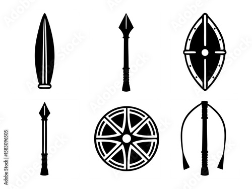 Collection of ancient warrior weapons and shields in black and white silhouettes