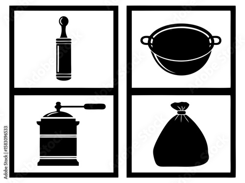 Collection of black and white icons representing kitchen tools and ingredients