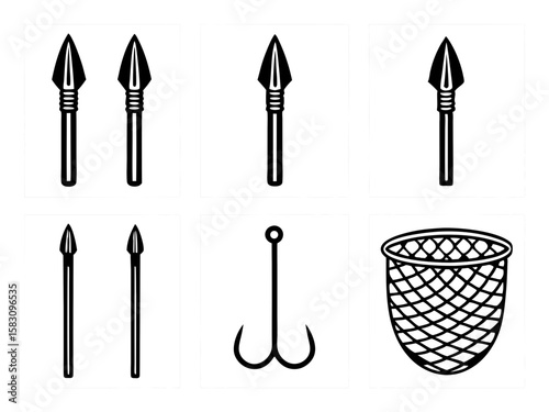 Collection of fishing and hunting tools icons including spears hooks and net