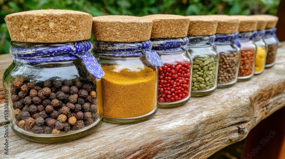 Colorful Spices in Glass Jars on Rustic Wood Colorful Spices in Glass Jars on Rustic Wood
