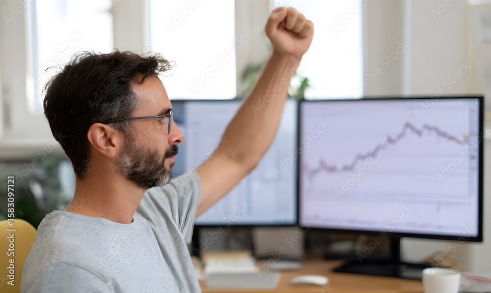 Fototapeta premium single men side angle shot cherring celebrating with one hand as there is profit on screen he is trading
