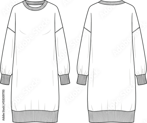 Sweater dress flat sketch, round neckline, puffed long sleeves, ribbed cuffs and hem, shoulder seam detail, technical fashion illustration, front and back views, garment template