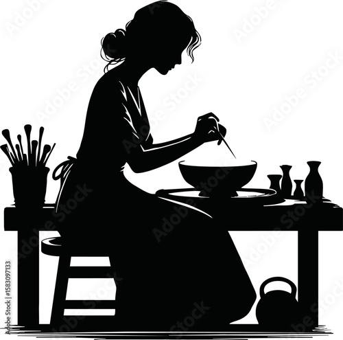 Silhouette of handcraft artist working isolated vector style on white background