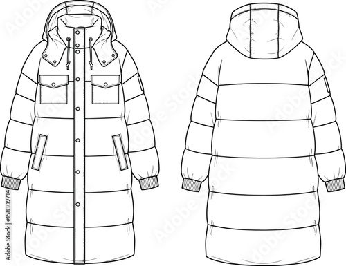Padded winter coat flat sketch, hooded outerwear design, snap-button collar, chest flap pockets, side zip pockets, ribbed cuffs, technical fashion illustration, garment template