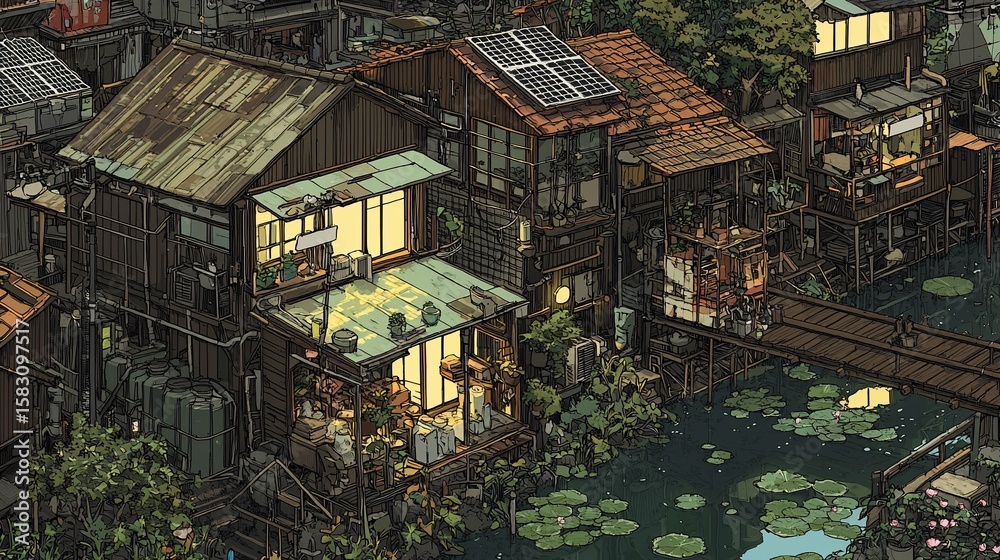 Fototapeta premium Atmospheric waterside dwellings with solar panels and lush vegetation in a unique isometric perspective