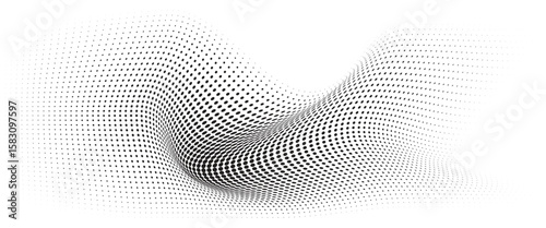Flowing Wave Dot Halftone Pattern: Curve Gradient Shape on Transparent Background. Suitable for AI, Tech, Network, Digital, Science, and Technology Themes.