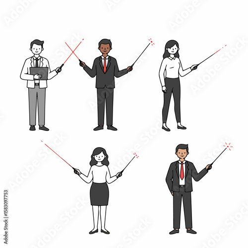 Cartoon illustration set of diverse business people holding pointer sticks with laser dots, giving presentations or lectures.