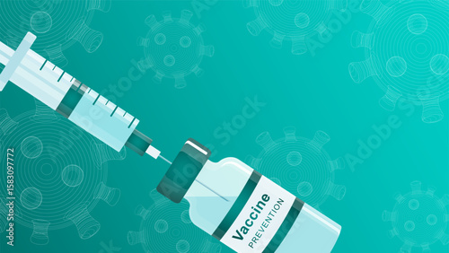 Vaccination banner with vaccine vial and filled syringe. Ampoule or bottle with liquid medicine and viral cells flying in the background. Horizontal vector HD template with copy space.