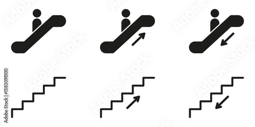 Escalator And Stair Direction Solid Icons. Upward And Downward Movement, Navigation Silhouette Symbol Collection. Public Transport And Building Navigation. Isolated Vector Illustration