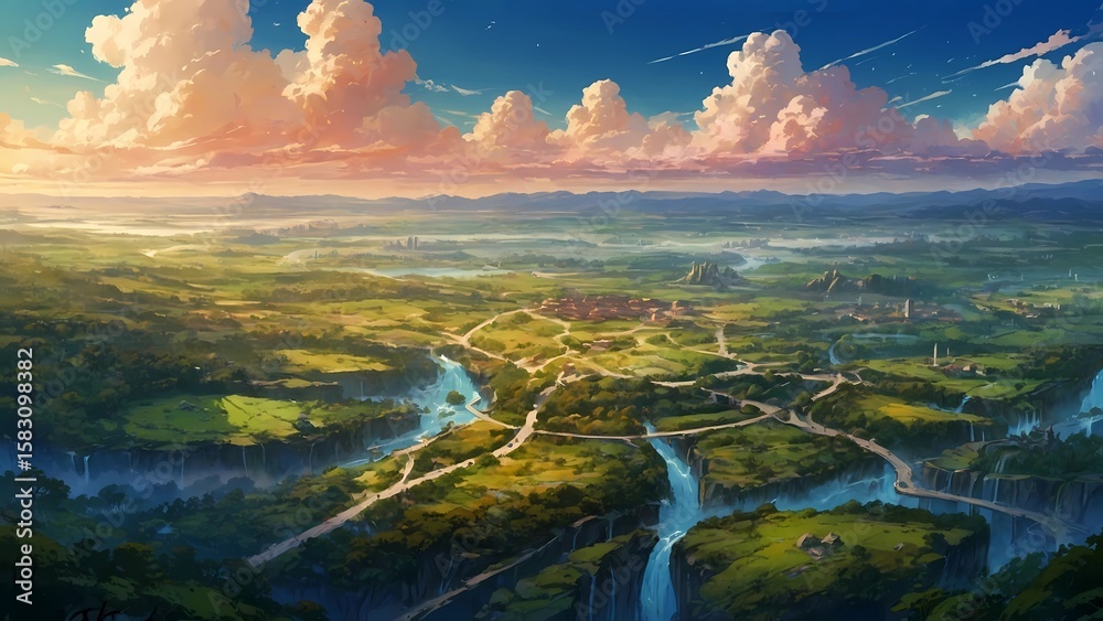 Fototapeta premium ゲーム背景 夕暮れの地平線まで続く青空と森の風景