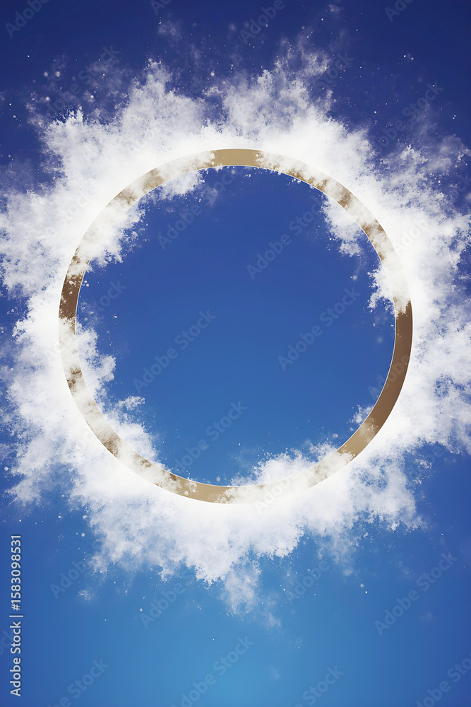 Obraz premium a luminous golden ring encircled by soft white clouds, set against a vibrant deep blue sky, creating a captivating and celestial frame