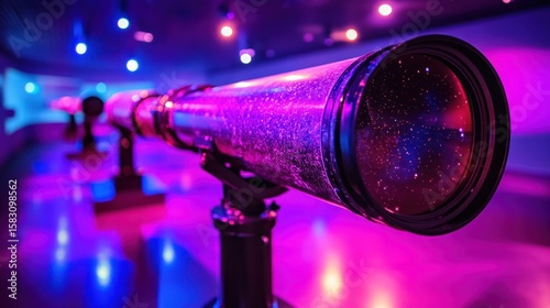 Fototapeta Naklejka Na Ścianę i Meble -  Long telescope, vibrant lights, museum exhibit