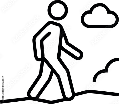 Person walking in a stylized meadow with clouds figure