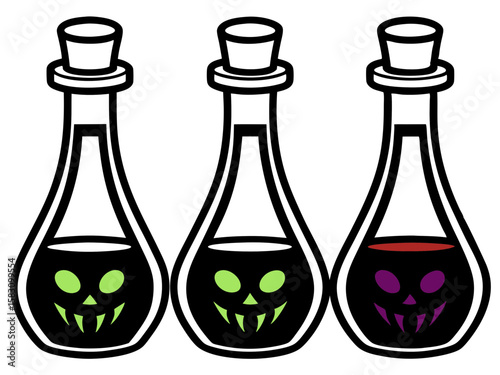 Three halloween potion bottles with spooky faces and colorful liquids