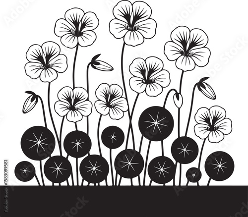 Nasturtium Bloom Illustration with Flowing Petals and Leaves, Botanical Floral Design for Garden Art, Nature Decor, and Vintage Patterns