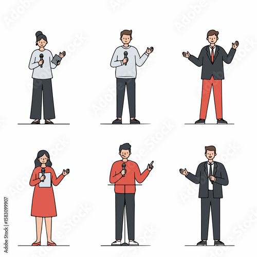 Set of Diverse Speakers, Presenters, and Reporters Talking or Giving Presentations with Microphones, Illustrating Public Speaking and Communication.