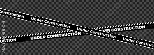 Under construction sign with black warning tape safety stripe. Caution barrier stripe for safety zone, blocked area, website page, road work, site maintenance, redesign progress. Vector illustration.