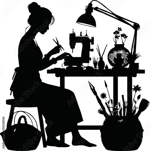 Silhouette of handcraft artist working isolated vector style on white background