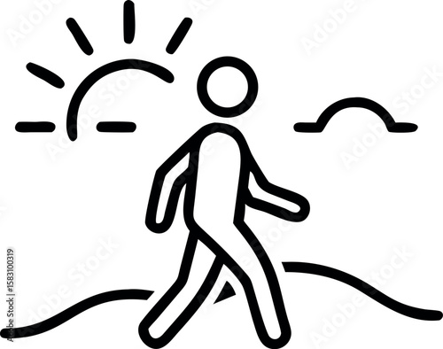 Person walking towards a stylized sun and clouds sunset